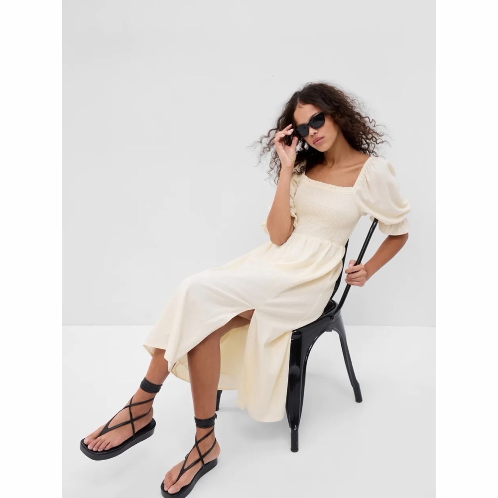 GAP Linen Blend Puff Sleeve Midi Dress - Cream / Pastel Butter Yellow